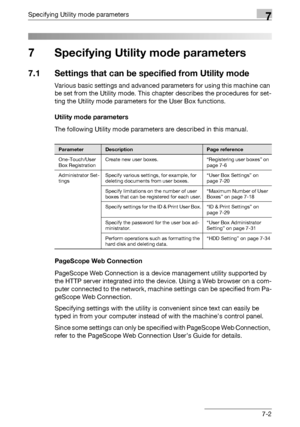 Page 294Specifying Utility mode parameters7
C4517-2
7 Specifying Utility mode parameters
7.1 Settings that can be specified from Utility mode
Various basic settings and advanced parameters for using this machine can 
be set from the Utility mode. This chapter describes the procedures for set-
ting the Utility mode parameters for the User Box functions.
Utility mode parameters
The following Utility mode parameters are described in this manual.
PageScope Web Connection
PageScope Web Connection is a device...