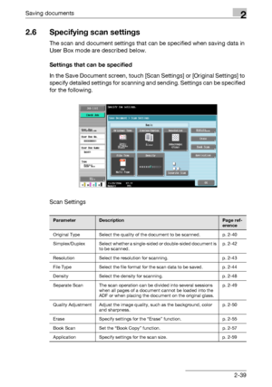 Page 74Saving documents2
C4512-39
2.6 Specifying scan settings
The scan and document settings that can be specified when saving data in 
User Box mode are described below.
Settings that can be specified
In the Save Document screen, touch [Scan Settings] or [Original Settings] to 
specify detailed settings for scanning and sending. Settings can be specified 
for the following.
Scan Settings
ParameterDescriptionPage ref-
erence
Original Type Select the quality of the document to be scanned. p. 2-40
Simplex/Duplex...