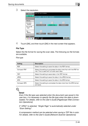 Page 79Saving documents2
C4512-44
3Select the resolution.
4Touch [OK], and then touch [OK] in the next screen that appears.
File Type
Select the file format for saving the scan data. The following six file formats 
are available.
File type
!
Detail 
Even if the file type was selected when the document was saved in the 
user box, it is necessary to specify the file type when the date is down-
loaded. For details, refer to the User’s Guide [PageScope Web Connec-
tion Operations].
If “JPEG” is selected, “Single...