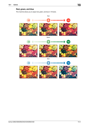 Page 291bizhub C652/C652DS/C552/C552DS/C45213-4
13.1 Colors13
Red, green, and blue
This machine allows you to adjust red, green, and blue in 19 levels.
Red
Green
Bule
Downloaded From ManualsPrinter.com Manuals 