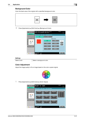 Page 97bizhub C652/C652DS/C552/C552DS/C4525-31
5.4 Application5
Background Color
Color the blank area of the original with a specified background color.
%Press [Application] ö [Edit Color] ö [Background Color]. 
Color Adjustment
Adjust the image quality to fit an image based on the color-copied original.
1Press [Application] ö [Edit Color] ö [Color Adjust].  Settings
Select Color Select a background color.
Downloaded From ManualsPrinter.com Manuals 