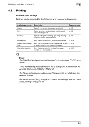 Page 143Printing a user box document4
C5504-6
4.2 Printing
Available print settings
Settings can be specified for the following when a document is printed.
!
Detail 
The Fold/Bind settings are available only if optional finisher FS-608 is in-
stalled.
The Z-Fold setting is available only if the Z-folding unit is installed on the 
optional finisher FS-608/FS-517/FS-518.
The Punch settings are available only if the punch kit is installed on the 
optional finisher.
For details on combining multiple documents and...