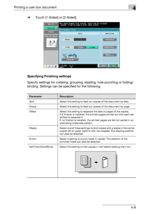 Page 146Printing a user box document4
C5504-9 %Touch [1-Sided] or [2-Sided].
Specifying Finishing settings
Specify settings for collating, grouping, stapling, hole punching or folding/
binding. Settings can be specified for the following.
ParameterDescription
Sort Select this setting to feed out copies of the document by sets.
Group Select this setting to feed out copies of the document by page.
Offset Select this setting to separate the sets or pages of the copies.
If a finisher is installed, the printed pages...