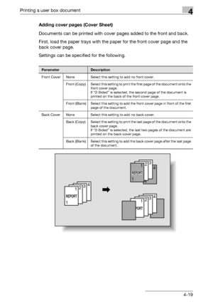 Page 156Printing a user box document4
C5504-19 Adding cover pages (Cover Sheet)
Documents can be printed with cover pages added to the front and back.
First, load the paper trays with the paper for the front cover page and the 
back cover page.
Settings can be specified for the following.
ParameterDescription
Front Cover None Select this setting to add no front cover.
Front  (Copy) Select this setting to print the first page of the document onto the 
front cover page.
If “2-Sided” is selected, the second page of...