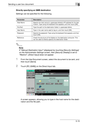 Page 221Sending a user box document5
C5505-15 Directly specifying an SMB destination
Settings can be specified for the following.
2
Note 
If “Manual Destination Input” (displayed by touching [Security Settings] 
on the Administrator Settings screen, then [Security Details]) is set to 
“Restrict”, [Direct Input] does not appear.
1From the Use Document screen, select the document to be sent, and 
then touch [Send].
2Touch [PC (SMB)] on the Direct Input tab.
A screen appears, allowing you to type in the host name...