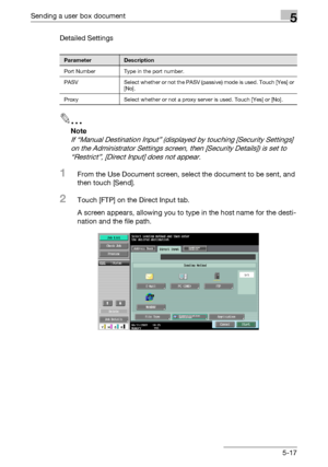 Page 223Sending a user box document5
C5505-17 Detailed Settings
2
Note 
If “Manual Destination Input” (displayed by touching [Security Settings] 
on the Administrator Settings screen, then [Security Details]) is set to 
“Restrict”, [Direct Input] does not appear.
1From the Use Document screen, select the document to be sent, and 
then touch [Send].
2Touch [FTP] on the Direct Input tab.
A screen appears, allowing you to type in the host name for the desti-
nation and the file path.
ParameterDescription
Port...