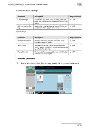 Page 279Printing/sending a system user box document6
C5506-15 Communication Settings
Application
To send a document
1In the Annotation User Box screen, select the document to be sent.
ParameterDescriptionPage reference
E-Mail Settings Specify the document name, subject, From ad-
dress and message body for sending e-mail mes-
sages.p. 5-29
URL Notification Set-
tingSpecify the e-mail address where notifications of 
completion of the job are to be sent.p. 5-30
ParameterDescriptionPage reference
Stamp/Composition...