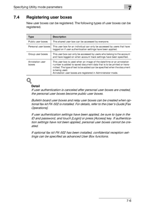 Page 303Specifying Utility mode parameters7
C5507-6
7.4 Registering user boxes
New user boxes can be registered. The following types of user boxes can be 
registered.
!
Detail 
If user authentication is canceled after personal user boxes are created, 
the personal user boxes become public user boxes.
Bulletin board user boxes and relay user boxes can be created when op-
tional fax kit FK-502 is installed. For details, refer to the User’s Guide [Fax 
Operations].
If user authentication settings have been applied,...