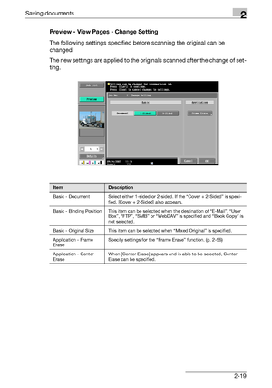 Page 55Saving documents2
C5502-19 Preview - View Pages - Change Setting
The following settings specified before scanning the original can be 
changed.
The new settings are applied to the originals scanned after the change of set-
ting.
ItemDescription
Basic - Document Select either 1-sided or 2-sided. If the “Cover + 2-Sided” is speci-
fied, [Cover + 2-Sided] also appears.
Basic - Binding Position This item can be selected when the destination of “E-Mail”, “User 
Box”, “FTP”, “SMB” or “WebDAV” is specified and...