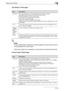 Page 106Saving documents2
C5502-70
Job History in Print page
!
Detail 
If user authentication settings have been applied, the document name is 
not accessible from other users.
Document names do not appear on the screen for secured documents.
Current Jobs in Send page
ItemDescription
List items No.: Job identification number assigned when the job is queued.
User Name: User or account name who queued the job.
Document Name: File name to be printed.
Time Stored: Time when the job is queued.
Org.: The number of...