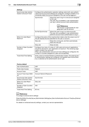 Page 181bizhub C652/C652DS/C552/C552DS/C4527-33
7.4 User Authentication/Account Track7
dReference
To configure external server settings:
Press the [Utility/Counter] key ö [Administrator Settings] ö [User Authentication/Account Track] ö [External 
Server Settings].
For details on enhanced security settings, contact your service representative.
Synchronize User Authen-
tication & Account TrackConfigure the authentication operation settings when both user authenti-
cation and account track settings are configured....