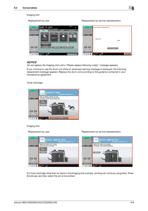 Page 216bizhub C652/C652DS/C552/C552DS/C4528-9
8.2 Consumables8
Imaging Unit
NOTICE
Do not replace the Imaging Unit until a Please replace following unit(s). message appears.
If you continue to use the drum unit while an advanced warning message is displayed, the following 
replacement message appears. Replace the drum unit according to the guidance contained in your 
maintenance agreement.
Toner Cartridge
Imaging Unit
If a Toner Cartridge other than for black or the Imaging Unit is empty, printing can continue...