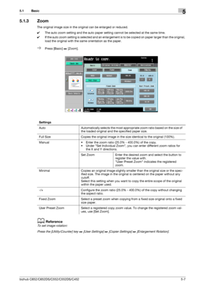 Page 73bizhub C652/C652DS/C552/C552DS/C4525-7
5.1 Basic5
5.1.3 Zoom
The original image size in the original can be enlarged or reduced.
0The auto zoom setting and the auto paper setting cannot be selected at the same time.
0If the auto zoom setting is selected and an enlargement is to be copied on paper larger than the original, 
load the original with the same orientation as the paper.
%Press [Basic] ö [Zoom].
dReference
To set image rotation:
Press the [Utility/Counter] key ö [User Settings] ö [Copier...