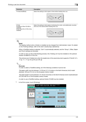 Page 109C6504-8
Printing a user box document4
!
Detail 
The feeding method when a finisher is installed can be changed from Administrator mode. For details 
on the Finishing settings, refer to the User’s Guide [Copy Operations].
When a Fold/Bind setting is selected, Sort is automatically selected, and the Group, Offset, Staple 
and Punch settings are canceled.
In order to carry out the Z-fold finishing process, the Z-folding unit must be installed on the optional 
finisher FS-608/FS-517/FS-518.
The printouts are...