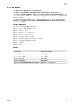 Page 12C650x-11
Introduction
About this manual
This User’s Guide covers the bizhub C650 box functions.
This section introduces the structure of the manual and notations used for product names, etc.
This manual is intended for users who understand the basic operations of computers and the machine. For 
the operating procedures of Windows or Macintosh operating system and application programs, refer to the 
respective manuals.
In addition, software, such as HDDTWAIN and PageScope Box Operator, which are used with...