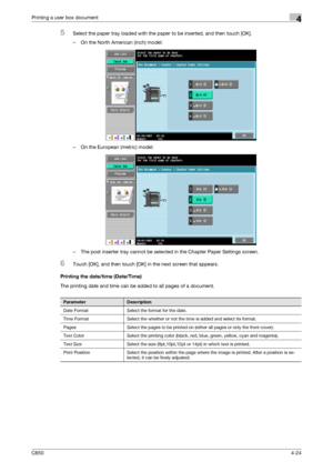 Page 125C6504-24
Printing a user box document4
5Select the paper tray loaded with the paper to be inserted, and then touch [OK].
– On the North American (inch) model:
– On the European (metric) model:
– The post inserter tray cannot be selected in the Chapter Paper Settings screen.
6Touch [OK], and then touch [OK] in the next screen that appears.
Printing the date/time (Date/Time)
The printing date and time can be added to all pages of a document.
ParameterDescription
Date Format Select the format for the date....