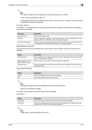 Page 176C6505-20
Sending a user box document5
2
Note 
The JPEG setting cannot be selected for a received fax saved in a user box.
JPEG cannot be selected for Bind TX.
A compression method can be selected when saving a TIFF file in color. For details, refer to the User’s 
Guide [Network Scanner Operations].
Encryption settings
If the PDF or Compact PDF File Type setting is selected, the encryption level and stamp combination 
method can be specified.
Detail Settings of Encryption
If document permissions are...