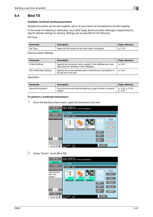 Page 197C6505-41
Sending a user box document5
5.4 Bind TX
Available combined sending parameters
Multiple documents can be sent together. Up to 10 documents can be selected to be sent together.
In the screen for selecting a destination, touch [File Type], [Communication Settings] or [Application] to 
specify detailed settings for sending. Settings can be specified for the following.
File Type
Communication Settings
Application
To perform a combined transmission
1From the Use Document screen, select the document...