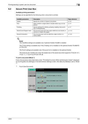 Page 205C6506-3
Printing/sending a system user box document6
6.2 Secure Print User Box
Available printing parameters
Settings can be specified for the following when a document is printed.
!
Detail 
The Fold/Bind settings are available only if optional Finisher FS-608 is installed.
The Z-Fold setting is available only if the Z-folding unit is installed on the optional finisher FS-608/FS-
517/FS-518.
The Punch settings are available only if the punch kit is installed on the optional finisher.
The printouts are...