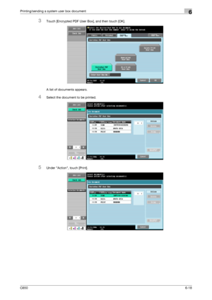 Page 220C6506-18
Printing/sending a system user box document6
3Touch [Encrypted PDF User Box], and then touch [OK].
A list of documents appears.
4Select the document to be printed.
5Under Action, touch [Print].
Downloaded From ManualsPrinter.com Manuals 