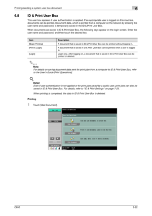 Page 224C6506-22
Printing/sending a system user box document6
6.5 ID & Print User Box
This user box appears if user authentication is applied. If an appropriate user is logged on this machine, 
documents can be printed. Document data, which is printed from a computer on the network by entering the 
user name and password, is temporarily saved in the ID & Print User Box.
When documents are saved in ID & Print User Box, the following keys appear on the login screen. Enter the 
user name and password, and then...