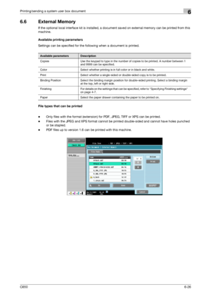 Page 228C6506-26
Printing/sending a system user box document6
6.6 External Memory
If the optional local interface kit is installed, a document saved on external memory can be printed from this 
machine.
Available printing parameters
Settings can be specified for the following when a document is printed.
File types that can be printed
-Only files with the format (extension) for PDF, JPEG, TIFF or XPS can be printed.
-Files with the JPEG and XPS format cannot be printed double-sided and cannot have holes punched...