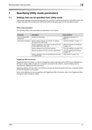 Page 232C6507-2
Specifying Utility mode parameters7
7 Specifying Utility mode parameters
7.1 Settings that can be specified from Utility mode
Various basic settings and advanced parameters for using this machine can be set from the Utility mode. This 
chapter describes the procedures for setting the Utility mode parameters for the User Box functions.
Utility mode parameters
The following Utility mode parameters are described in this manual.
PageScope Web Connection
PageScope Web Connection is a device management...