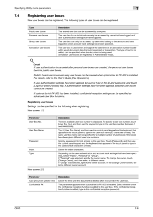 Page 236C6507-6
Specifying Utility mode parameters7
7.4 Registering user boxes
New user boxes can be registered. The following types of user boxes can be registered.
!
Detail 
If user authentication is canceled after personal user boxes are created, the personal user boxes 
become public user boxes.
Bulletin board user boxes and relay user boxes can be created when optional fax kit FK-502 is installed. 
For details, refer to the User’s Guide [Fax Operations].
If user authentication settings have been applied, be...