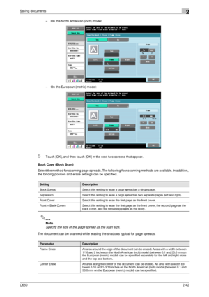 Page 67C6502-42
Saving documents2
– On the North American (inch) model:
– On the European (metric) model:
5Touch [OK], and then touch [OK] in the next two screens that appear.
Book Copy (Book Scan)
Select the method for scanning page spreads. The following four scanning methods are available. In addition, 
the binding position and erase settings can be specified.
2
Note 
Specify the size of the page spread as the scan size.
The document can be scanned while erasing the shadows typical for page spreads....