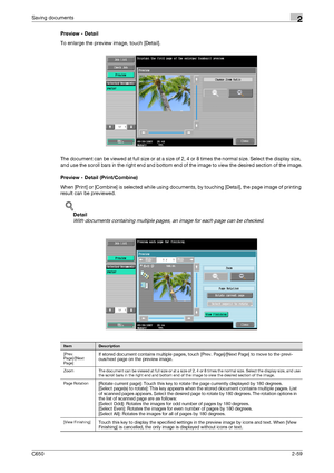 Page 84C6502-59
Saving documents2
Preview - Detail
To enlarge the preview image, touch [Detail].
The document can be viewed at full size or at a size of 2, 4 or 8 times the normal size. Select the display size, 
and use the scroll bars in the right end and bottom end of the image to view the desired section of the image.
Preview - Detail (Print/Combine)
When [Print] or [Combine] is selected while using documents, by touching [Detail], the page image of printing 
result can be previewed.
!
Detail 
With documents...