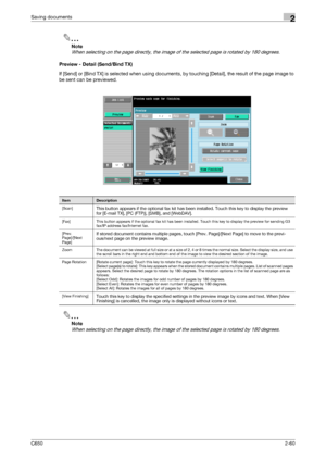 Page 85C6502-60
Saving documents2
2
Note 
When selecting on the page directly, the image of the selected page is rotated by 180 degrees.
Preview - Detail (Send/Bind TX)
If [Send] or [Bind TX] is selected when using documents, by touching [Detail], the result of the page image to 
be sent can be previewed.
2
Note 
When selecting on the page directly, the image of the selected page is rotated by 180 degrees.
ItemDescription
[Scan]
This button appears if the optional fax kit has been installed. Touch this key to...