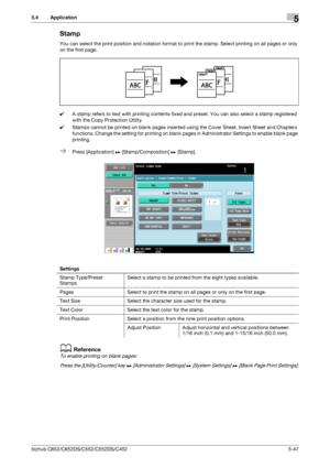 Page 113bizhub C652/C652DS/C552/C552DS/C4525-47
5.4 Application5
Stamp
You can select the print position and notation format to print the stamp. Select printing on all pages or only 
on the first page.
0A stamp refers to text with printing contents fixed and preset. You can also select a stamp registered 
with the Copy Protection Utility.
0Stamps cannot be printed on blank pages inserted using the Cover Sheet, Insert Sheet and Chapters 
functions. Change the setting for printing on blank pages in Administrator...