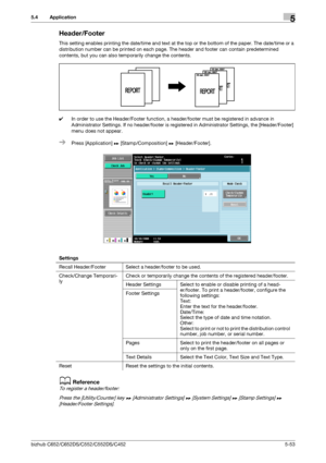 Page 119bizhub C652/C652DS/C552/C552DS/C4525-53
5.4 Application5
Header/Footer
This setting enables printing the date/time and text at the top or the bottom of the paper. The date/time or a 
distribution number can be printed on each page. The header and footer can contain predetermined 
contents, but you can also temporarily change the contents.
0In order to use the Header/Footer function, a header/footer must be registered in advance in 
Administrator Settings. If no header/footer is registered in...