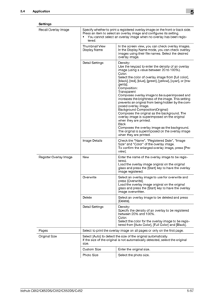 Page 123bizhub C652/C652DS/C552/C552DS/C4525-57
5.4 Application5
Settings
Recall Overlay Image Specify whether to print a registered overlay image on the front or back side.
Press an item to select an overlay image and configures its setting.
• You cannot select an overlay image when no overlay has been regis-
tered.
Thumbnail View
Display NameIn the screen view, you can check overlay images. 
In the Display Name mode, you can check overlay 
images using their file names. Select the desired 
overlay image....