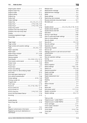 Page 300bizhub C652/C652DS/C552/C552DS/C45214-4
14.1 Index by item14
Original glass cleaner ................................................ 2-11
Original output tray
 ...................................................... 2-7
Original scales
 ........................................................... 2-11
Original setting
 ..........................................................5-15
Original tray
 ................................................................. 2-7
Output belt...