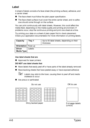 Page 37Types 4-6
Label
A sheet of labels consists of a face sheet (the printing surface), adhesive, and 
a carrier sheet:
„The face sheet must follow the plain paper specification.
„The face sheet surface must cover the entire carrier sheet, and no adhe-
sive should come through on the surface.
You can print continuously with label sheets. However, this could affect the 
media feed, depending on the media quality and printing environment. If 
problems occur, stop the continuous printing and print one sheet at a...
