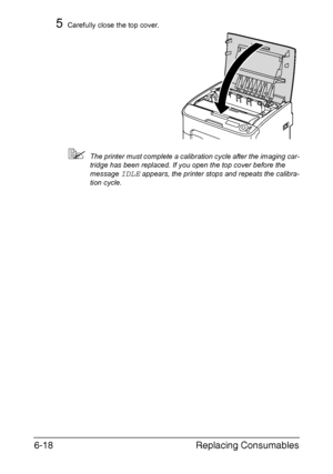 Page 109Replacing Consumables 6-18
5Carefully close the top cover.
The printer must complete a calibration cycle after the imaging car-
tridge has been replaced. If you open the top cover before the 
message 
IDLE appears, the printer stops and repeats the calibra-
tion cycle.
Downloaded From ManualsPrinter.com Manuals 