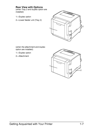 Page 20Getting Acquainted with Your Printer1-7
Rear View with Options(when Tray 2 and duplex option are 
installed)
1—Duplex option
2—Lower feeder unit (Tray 2)
(when the attachment and duplex 
option are installed)
1—Duplex option
2—Attachment
12
1
2
Downloaded From ManualsPrinter.com Manuals 