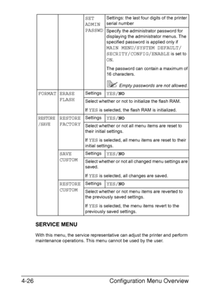 Page 65Configuration Menu Overview 4-26
SERVICE MENU
With this menu, the service representative can adjust the printer and perform 
maintenance operations. This menu cannot be used by the user.
SET 
ADMIN 
PASSWDSettings: the last four digits of the printer 
serial number
Specify the administrator password for 
displaying the administrator menus. The 
specified password is applied only if 
MAIN MENU/SYSTEM DEFAULT/
SECRITY/CONFIG/ENABLE
 is set to 
ON.
The password can contain a maximum of 
16 characters....