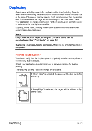 Page 88Duplexing5-21
Duplexing
Select paper with high opacity for duplex (double sided) printing. Opacity 
refers to how effectively paper blocks out what is written on the opposite side 
of the page. If the paper has low opacity (high translucency), then the printed 
data from one side of the page will show through to the other side. Check 
your application for margin information. For best results, print a small quantity 
to make sure the opacity is acceptable.
Duplex (Double sided) printing can be done...