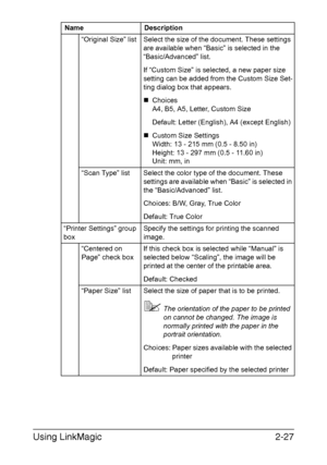 Page 110Using LinkMagic2-27
“Original Size” list Select the size of the document. These settings 
are available when “Basic” is selected in the 
“Basic/Advanced” list.
If “Custom Size” is selected, a new paper size 
setting can be added from the Custom Size Set-
ting dialog box that appears.
„Choices
A4, B5, A5, Letter, Custom Size
Default: Letter (English), A4 (except English)
„Custom Size Settings
Width: 13 - 215 mm (0.5 - 8.50 in)
Height: 13 - 297 mm (0.5 - 11.60 in)
Unit: mm, in
“Scan Type” list Select the...