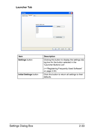 Page 116Settings Dialog Box2-33
Launcher Tab
Item Description
Settings button Clicking this button to display the settings dia-
log box for the button selected in the 
“Launcher Buttons List”.
(=>“Registering Frequently Used Software” 
on page 2-30)
Initial Settings button Click this button to return all settings to their 
defaults.
Downloaded From ManualsPrinter.com Manuals 