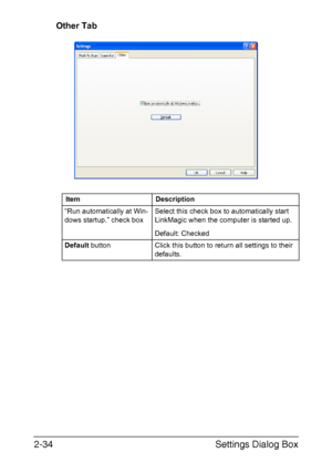 Page 117Settings Dialog Box 2-34
Other Tab
Item Description
“Run automatically at Win-
dows startup.” check boxSelect this check box to automatically start 
LinkMagic when the computer is started up.
Default: Checked
Default button Click this button to return all settings to their 
defaults.
Downloaded From ManualsPrinter.com Manuals 