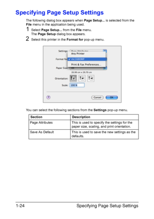 Page 31Specifying Page Setup Settings 1-24
Specifying Page Setup Settings
The following dialog box appears when Page Setup... is selected from the 
File menu in the application being used.
1Select Page Setup... from the File menu.
The Page Setup dialog box appears.
2Select this printer in the Format for pop-up menu.
You can select the following sections from the Settings pop-up menu.
Section Description
Page Attributes This is used to specify the settings for the 
paper size, scaling, and print orientation....