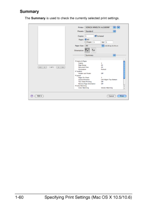 Page 67Specifying Print Settings (Mac OS X 10.5/10.6) 1-60
Summary
The Summary is used to check the currently selected print settings.
Downloaded From ManualsPrinter.com Manuals 