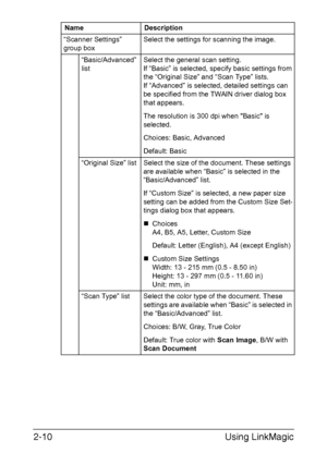Page 93Using LinkMagic 2-10
Name Description
“Scanner Settings” 
group boxSelect the settings for scanning the image.
“Basic/Advanced” 
listSelect the general scan setting.
If “Basic” is selected, specify basic settings from 
the “Original Size” and “Scan Type” lists.
If “Advanced” is selected, detailed settings can 
be specified from the TWAIN driver dialog box 
that appears.
The resolution is 300 dpi when Basic is 
selected. 
Choices: Basic, Advanced
Default: Basic
“Original Size” list Select the size of the...