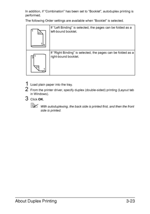 Page 104About Duplex Printing3-23
In addition, if “Combination” has been set to “Booklet”, autoduplex printing is 
performed.
The following Order settings are available when “Booklet” is selected.
1Load plain paper into the tray.
2From the printer driver, specify duplex (double-sided) printing (Layout tab 
in Windows).
3Click OK.
With autoduplexing, the back side is printed first, and then the front 
side is printed.If “Left Binding” is selected, the pages can be folded as a 
left-bound booklet.
If “Right...