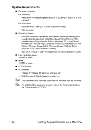 Page 27Getting Acquainted with Your Machine 1-14
System Requirements
„Personal computer 
For Windows
– Pentium II: 400MHz or higher (Pentium 3: 500MHz or higher is recom-
mended)
For Macintosh
– PowerPC G3 or later (G4 or later is recommended)
– Intel processor
„Operating System
– Microsoft Windows Vista Home Basic/Home Premium/Ultimate/Busi-
ness/Enterprise, Windows Vista Home Basic/Home Premium/ Ulti-
mate/Business/Enterprise x64 Edition, Windows XP Home Edition/
Professional (Service Pack 2 or later),...