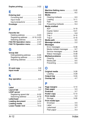 Page 283Index A-12
Duplex printing ........................... 3-22
E
Entering text ................................ A-6
Correcting text  ........................... A-9
Input mode  ................................. A-8
Input precautions  ....................... A-9
Envelope ....................................... 3-5
F
Favorite list
Deleting address  ....................... 6-20
Registering address  .........6-19, 6-20
Selecting address  ..................... 6-13
FAX RX Operation menu ............ 2-47
FAX TX...