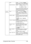 Page 62Configuration Menu Overview2-35
SNMPSettingDISABLE / ENABLE
Select whether or not to enable SNMP.
SPEED/DUPLEXSettingAUTO / 10BASE-T FULL 
/ 
10BASE-T HALF / 
100BASE-TX FULL / 
100BASE-TX HALF
Specifies the transmission speed for the 
network and the transmission method 
for bi-directional transmission. 
E-MAIL 
SETTINGSMTPSettingDISABLE / ENABLE
Select whether to enable or disable 
e-mail transmission operations for this 
machine.
SENDER NAMESpecify the name of the E-mail sender 
(up to 20 characters)...